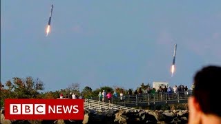 SpaceX nails triple booster landing  BBC News [upl. by Tiertza867]