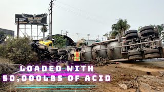 Car crash causes a tanker loaded with acid to fly off the freeway [upl. by Alyos]