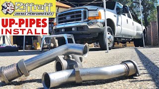 2001 F350 73  RiffRaff UpPipes Install  Stock up pipes leaking and falling apart JUNK SP [upl. by Lightman]