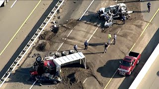 NJ Turnpike crash Dump truck overturns state trooper involved [upl. by Malcom]