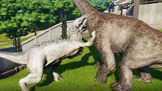 INDOMINUS REX Vs APATOSAURUSBRACHIOSAURUSCAMARASAURUSMAMENCHISAURUS  Jurassic World Evolution [upl. by Shulman]